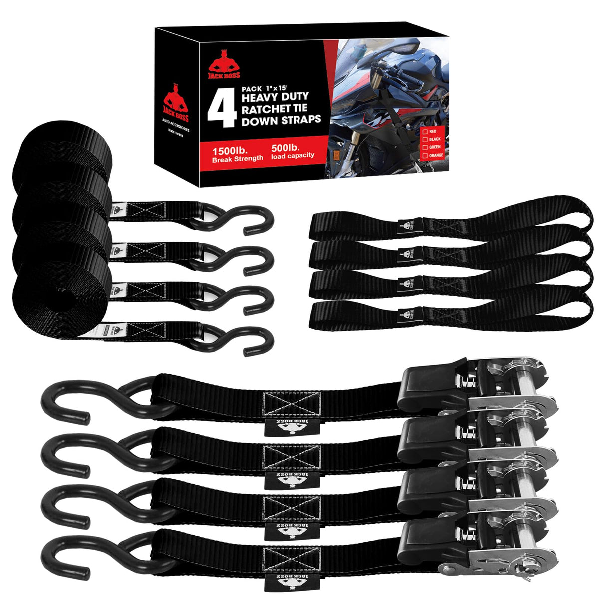 Jack Boss ratchet strap with coated S hooks close-up showing durability.