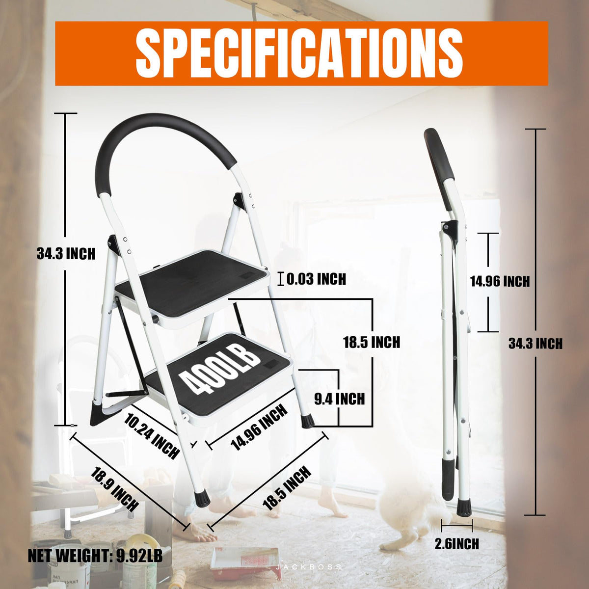 Jack Boss 2 Step Ladder open stance ready for reach tasks