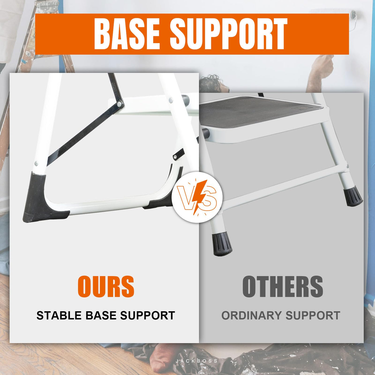 Jack Boss 2 Step Ladder wide anti-slip pedals provide secure footing