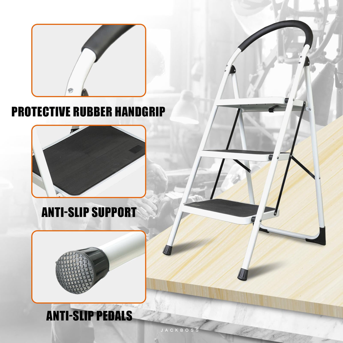 Jack Boss three-step ladder ideal for kitchen, home, office and garage tasks