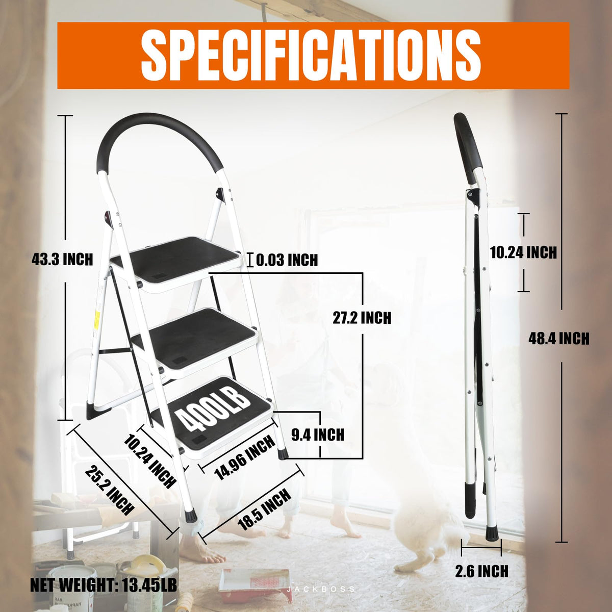 Jack Boss ladder open to 27.2 inch service height for reaching high shelves