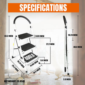 Jack Boss ladder open to 27.2 inch service height for reaching high shelves