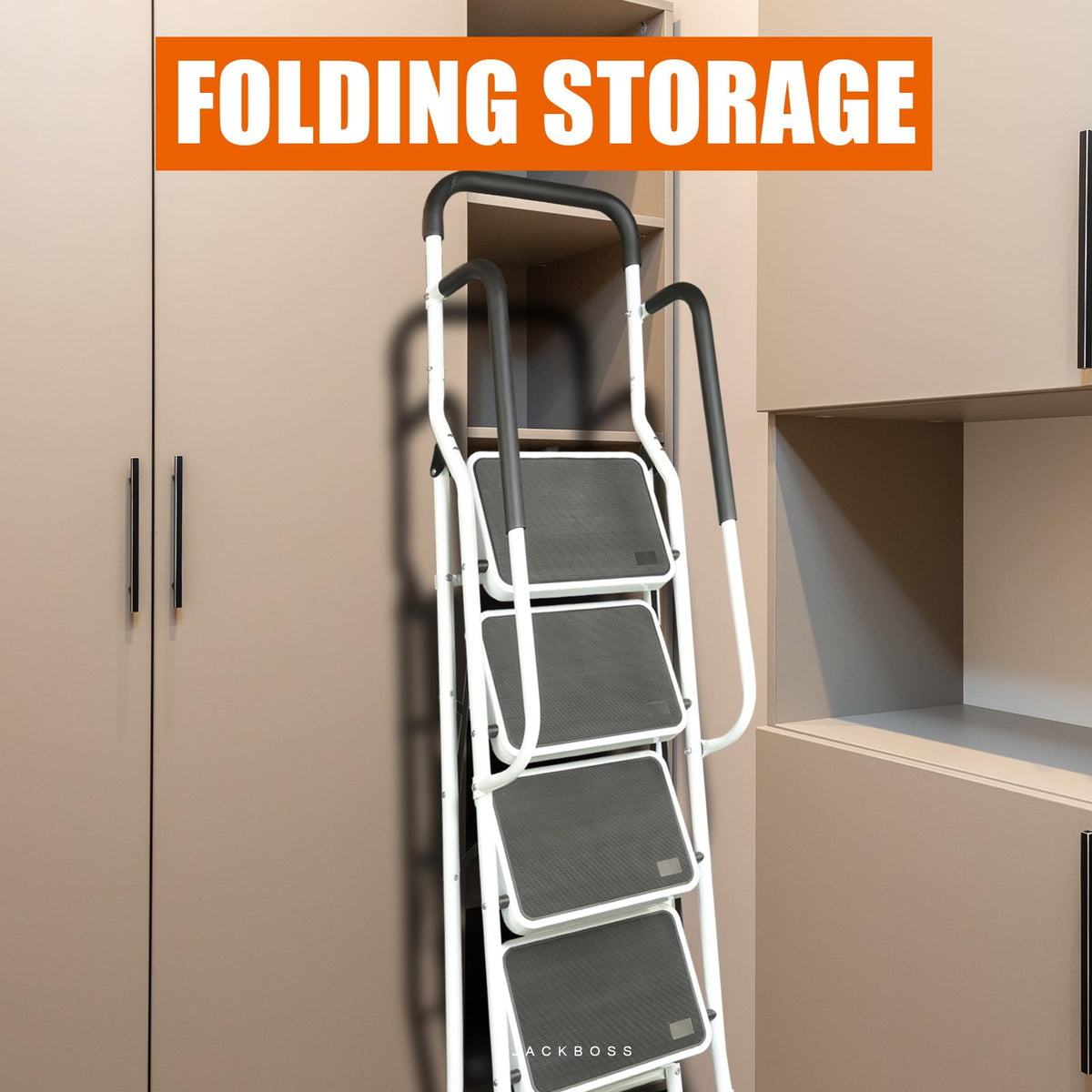 Anti-slip pedals on Jack Boss ladder for secure footing