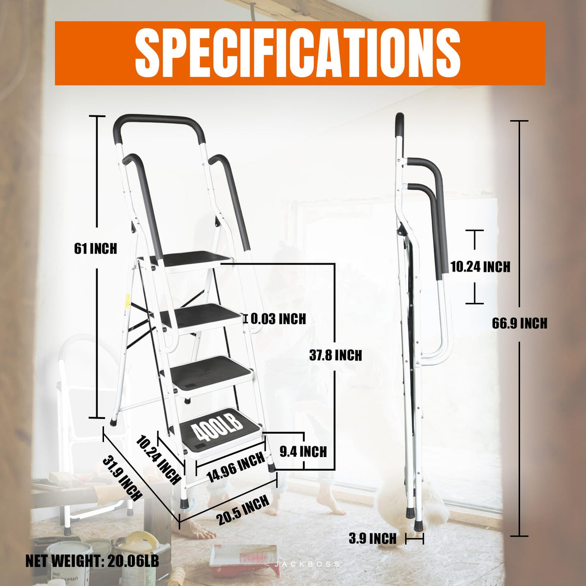 Jack Boss 4-step ladder opened for stable access to high shelves