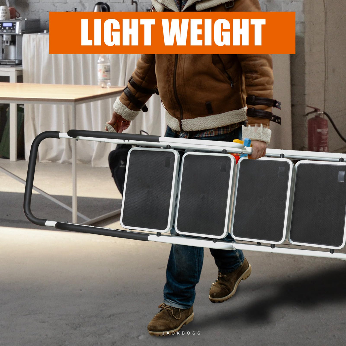 Protective rubber handle cover on Jack Boss ladder for comfortable grip
