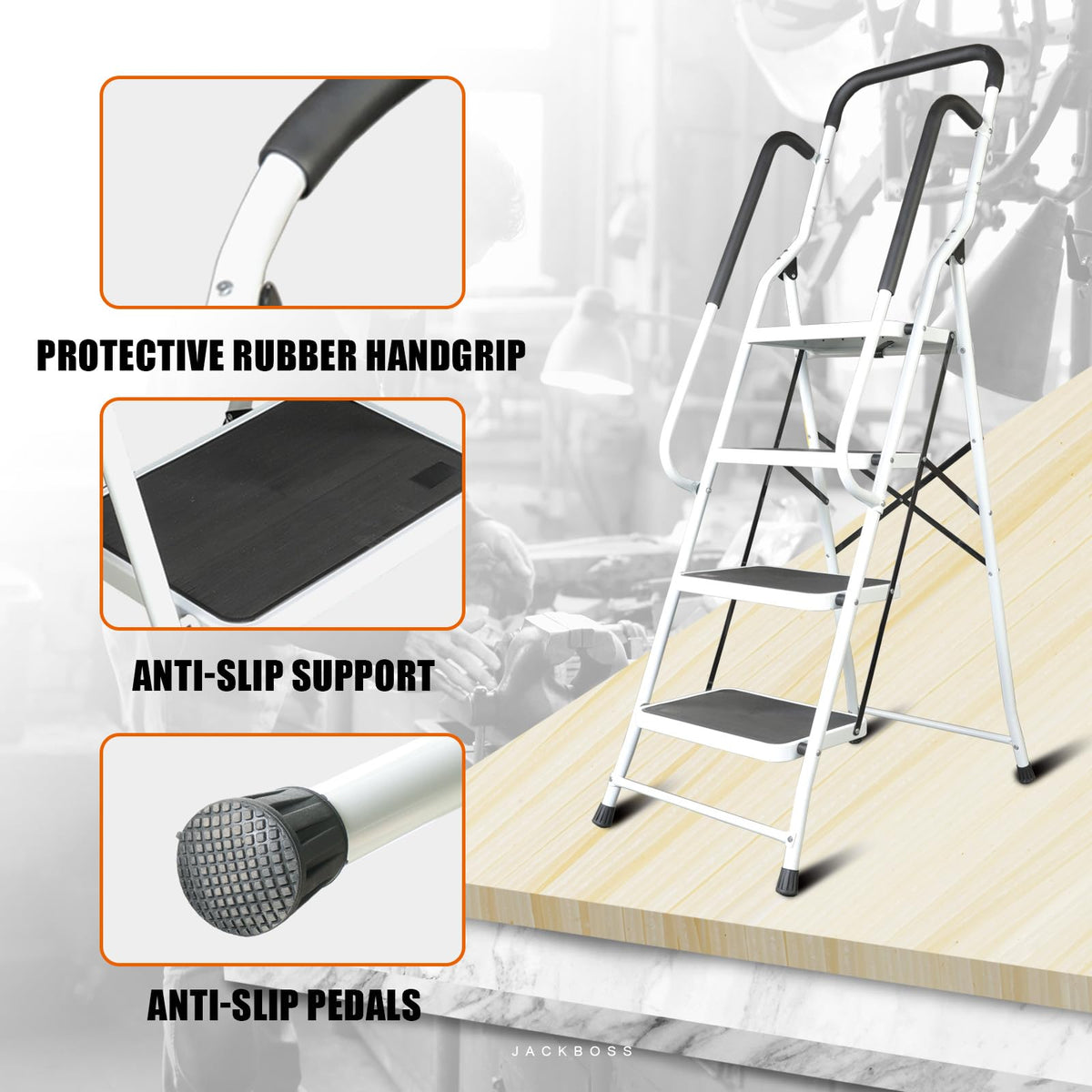 Safety locking mechanism and dual side handles on Jack Boss ladder
