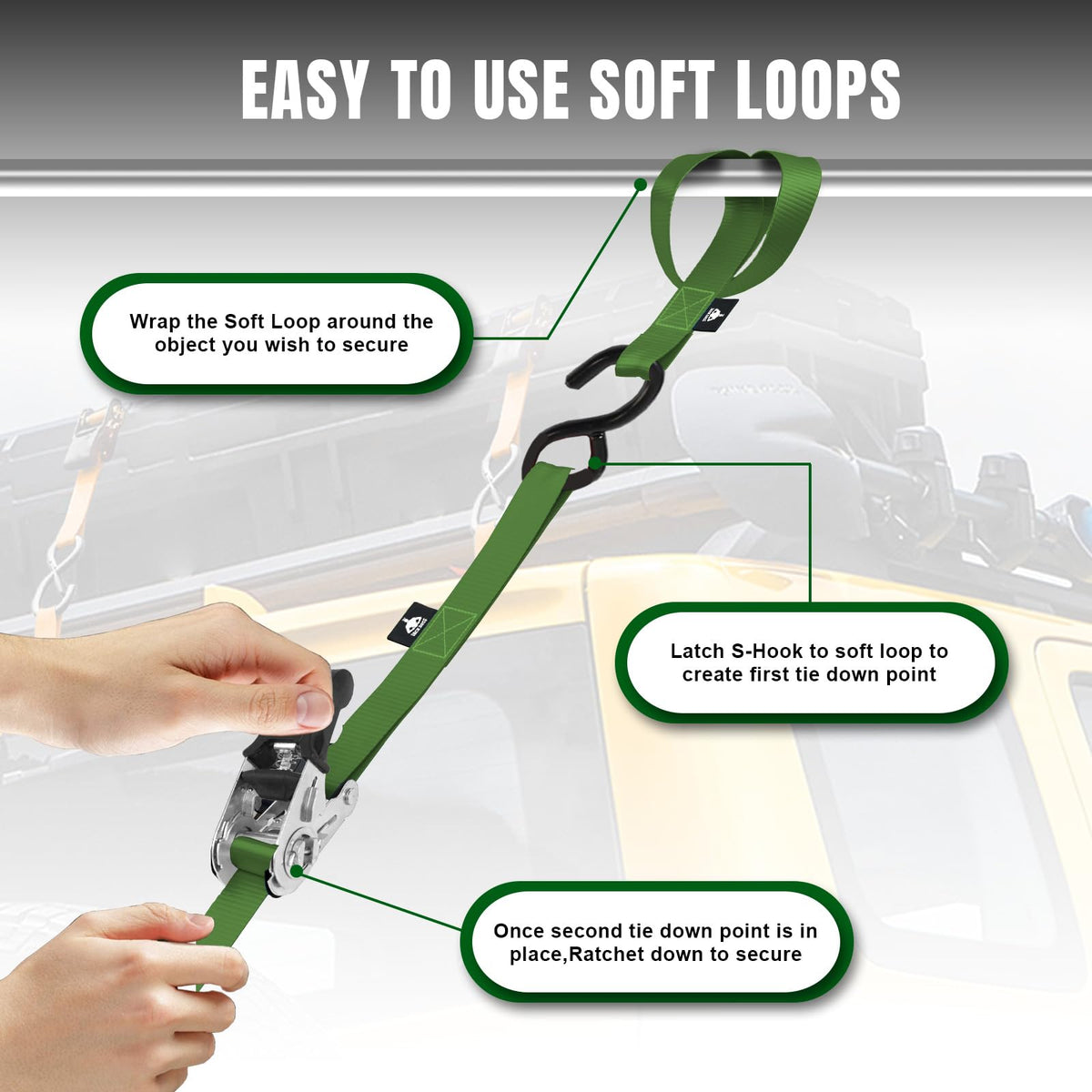 Jack Boss nylon straps provide dependable anchoring for various loads.