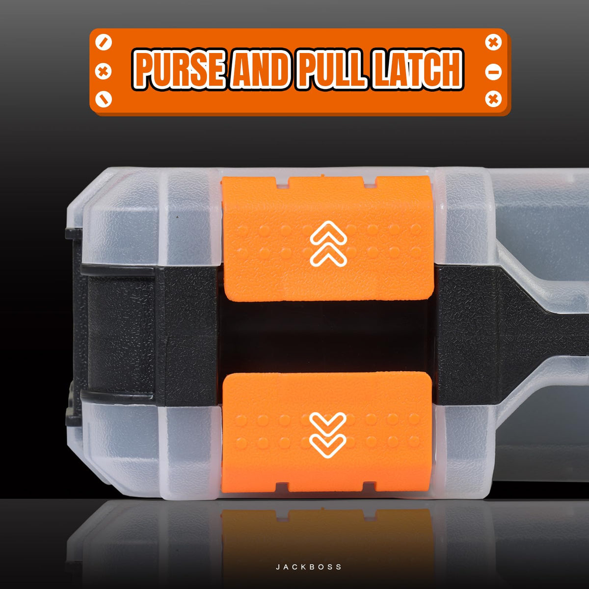 Bright orange Jack Boss toolbox on a workbench