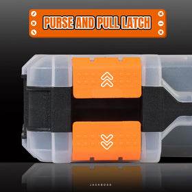 Bright orange Jack Boss toolbox on a workbench