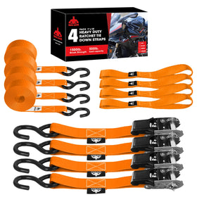 Jack Boss ratchet tie-down strap with 1in x 15ft orange color for secure trailer cargo.