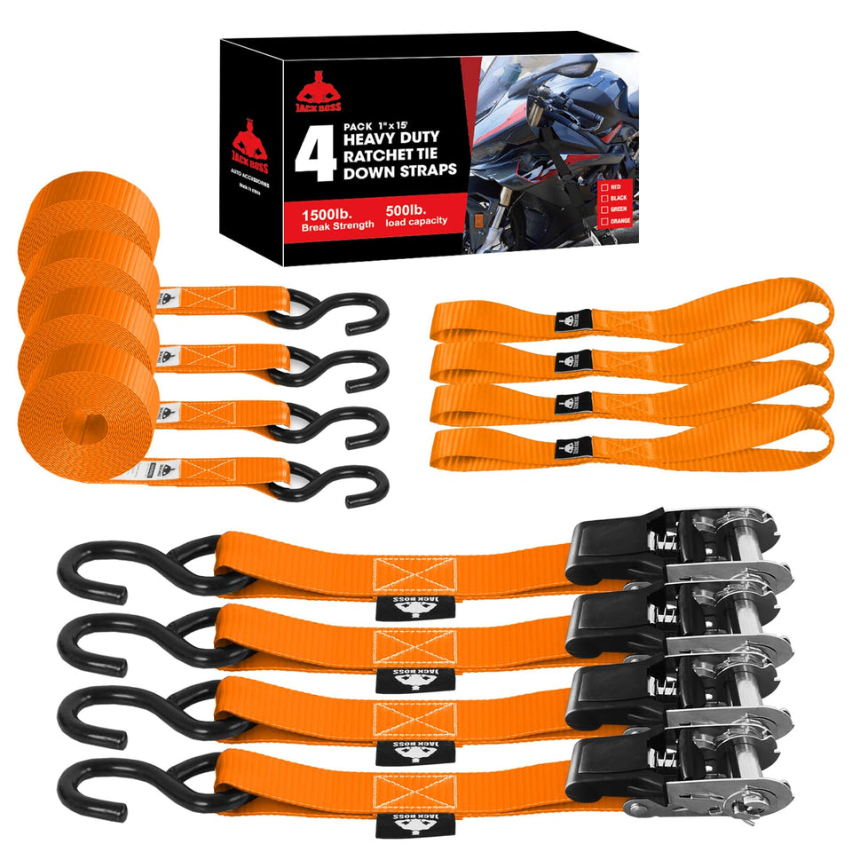 Jack Boss ratchet tie-down strap with 1in x 15ft orange color for secure trailer cargo.
