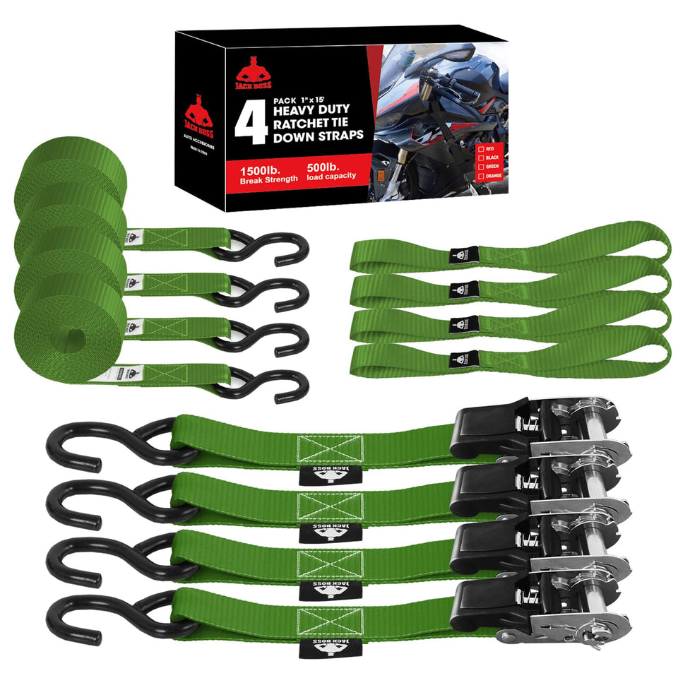 Jack Boss ratchet tie down straps 1in x 15ft securing cargo with durable strength.