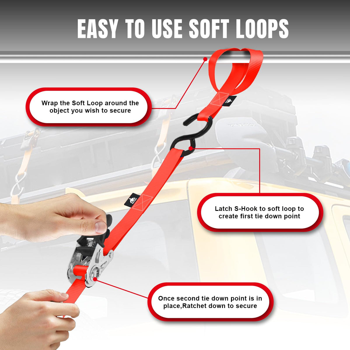 Jack Boss four‑strap pack laid out for securing loads