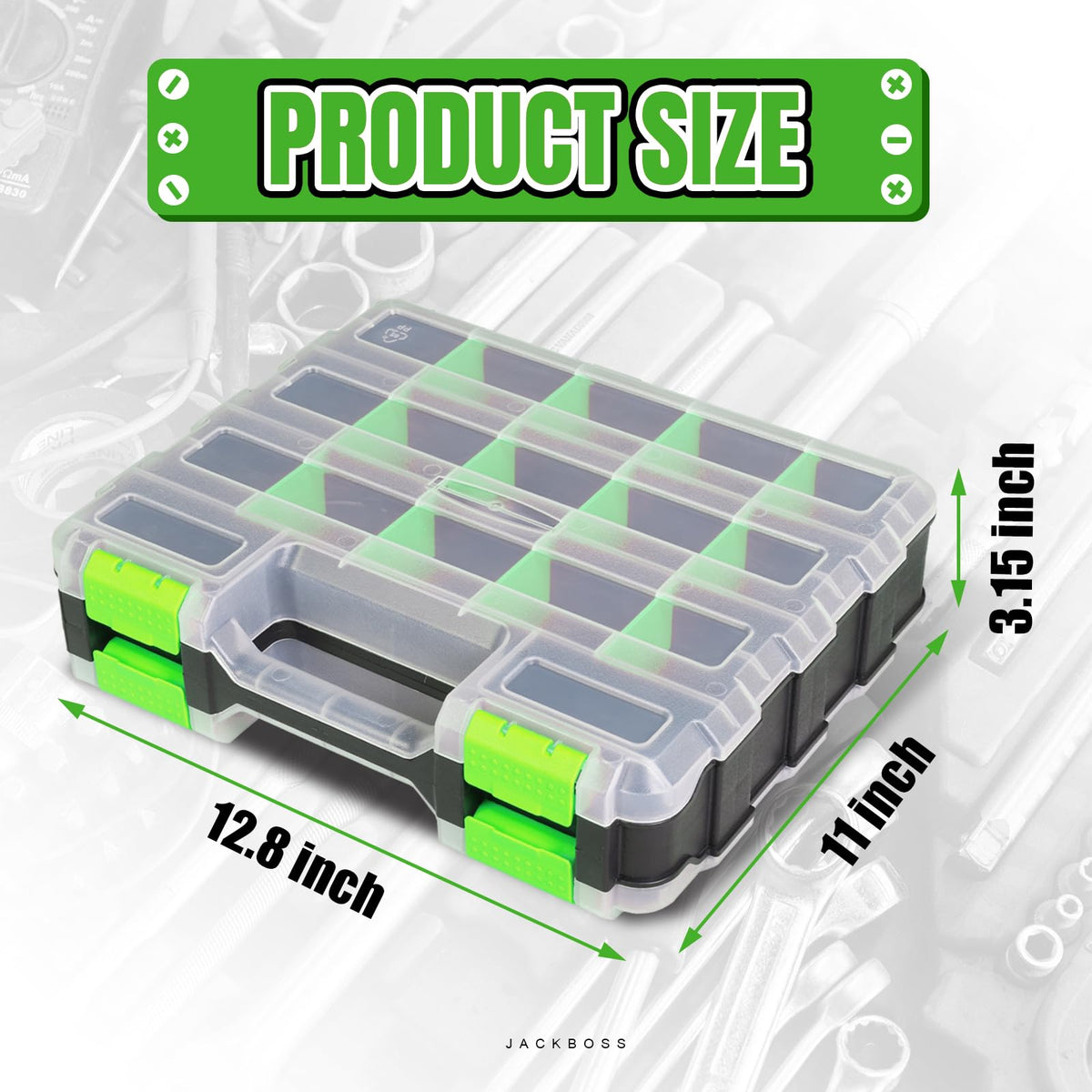 Jack Boss tool box double-sided design enables oversized storage for larger parts