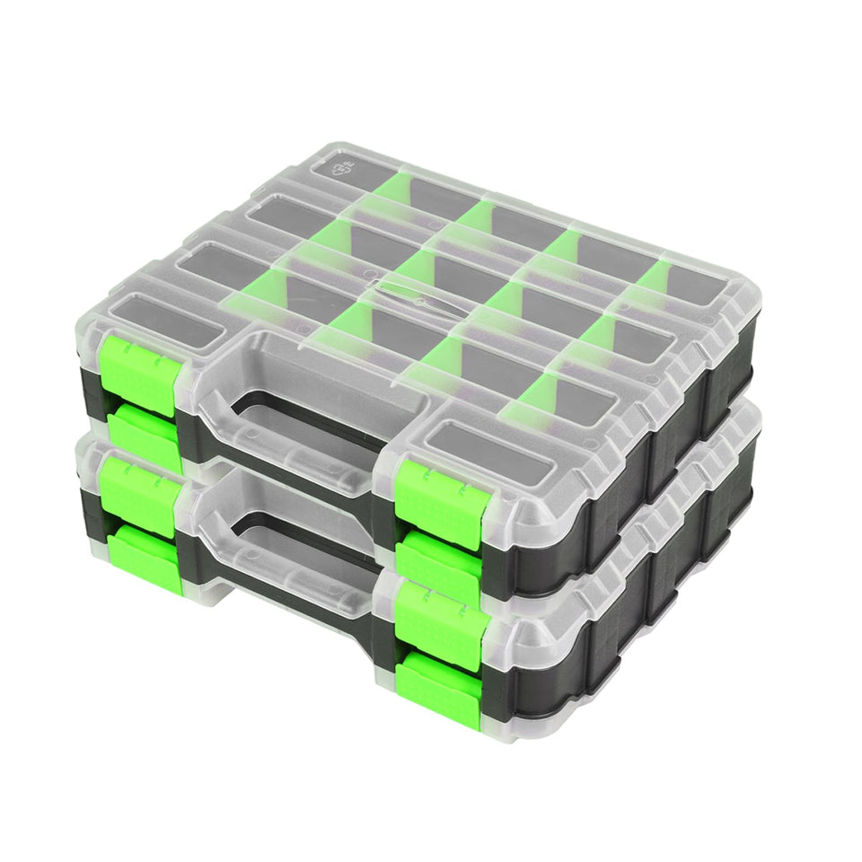 Jack Boss tool box with green transparent lid for quick part identification.