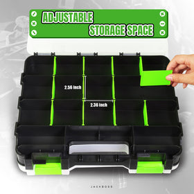 Jack Boss box with 24 removable dividers adapts to small parts