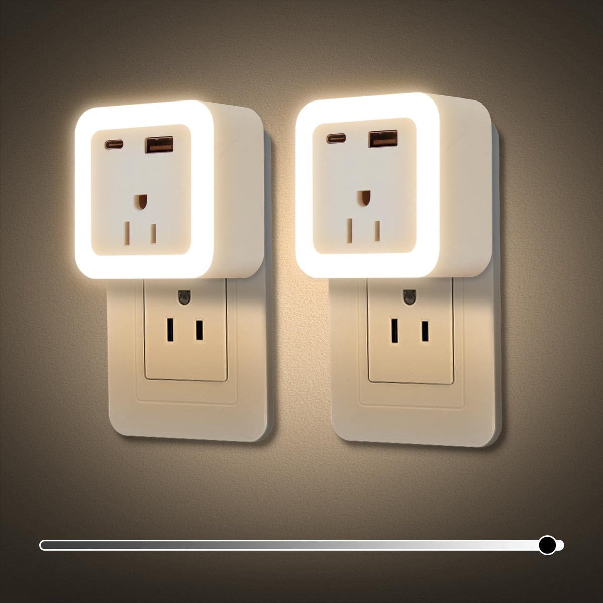 JackonLux night light 2-pack outlet expander provides charging while lighting the hallway.