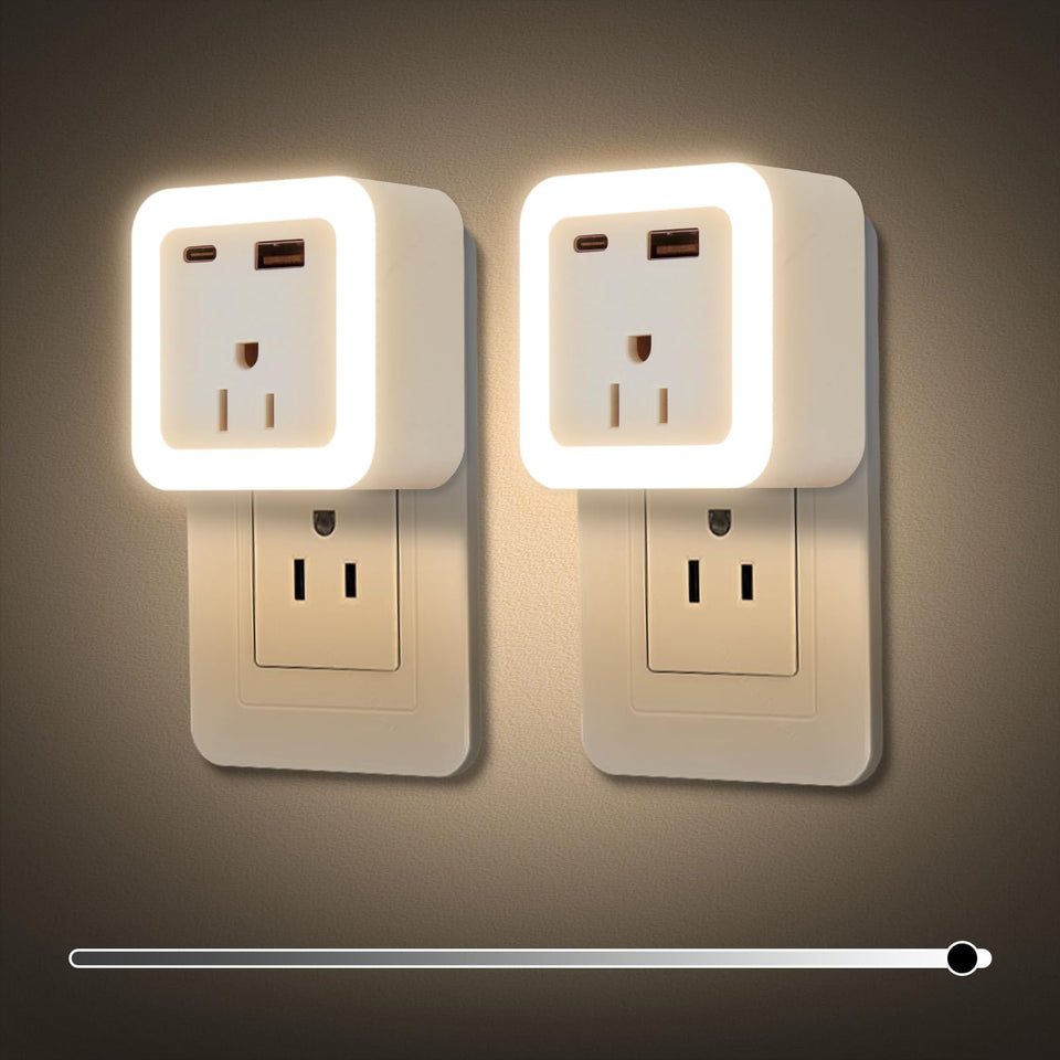 JackonLux night light 2-pack outlet expander provides charging while lighting the hallway.