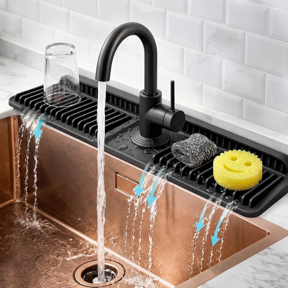 Jacks One Stop Shop 24-inch silicone faucet mat with drainage keeps counters dry.