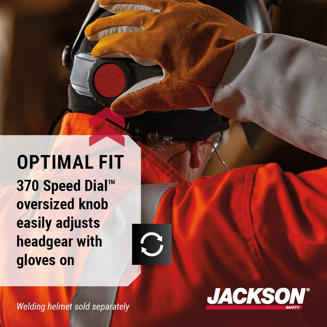 Jackson Safety 370 headgear detent lock prevents helmet creep during lifts.
