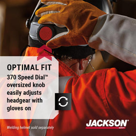 Jackson Safety 370 headgear detent lock prevents helmet creep during lifts.
