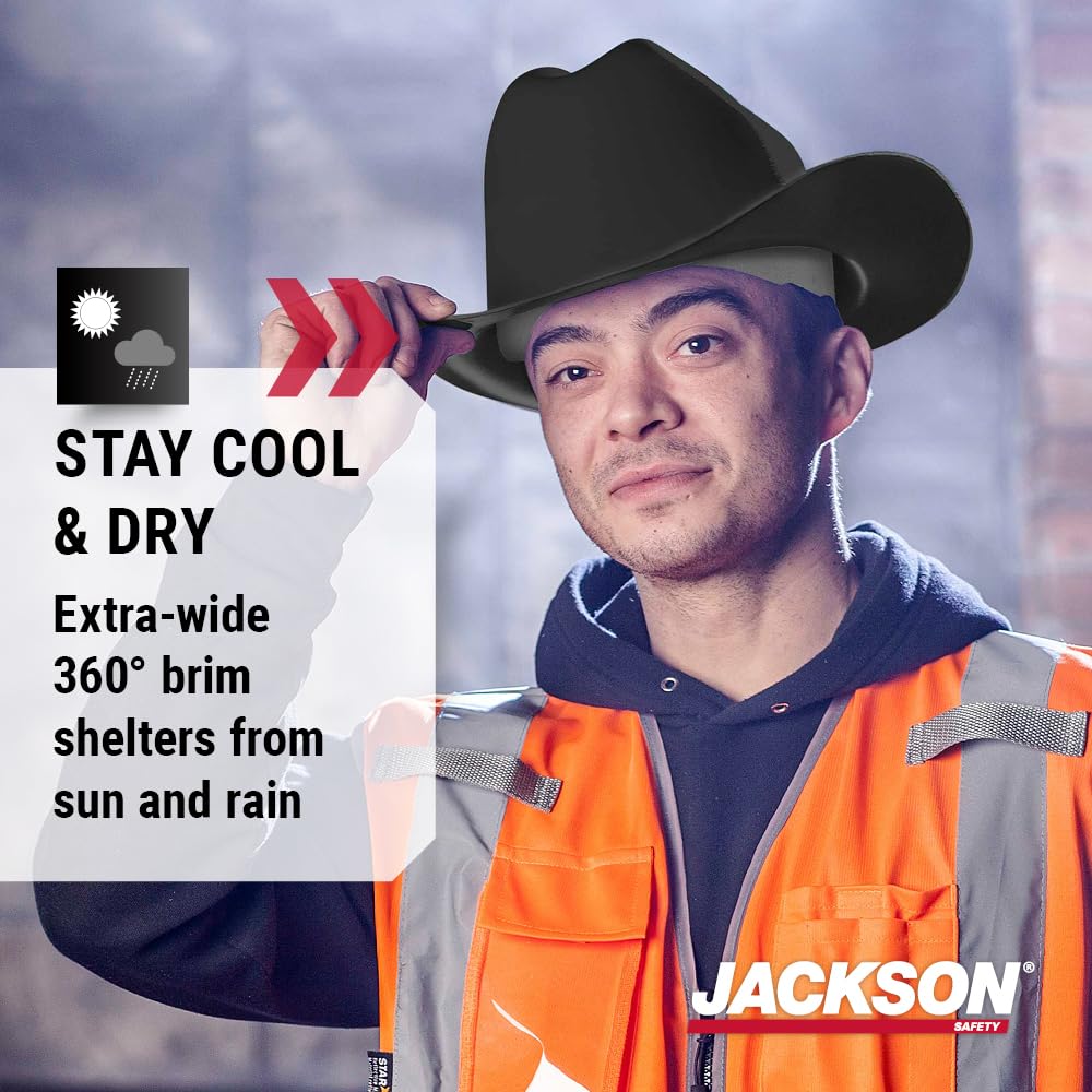 Jackson Safety Cowboy Hard Hat full brim emphasizes face, neck, and ear shelter.