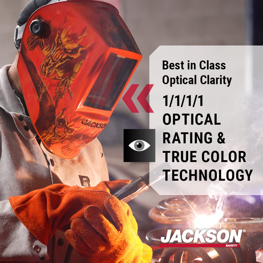 Jackson Safety Premium Graphic Hood side view highlights balanced weight for reduced fatigue.