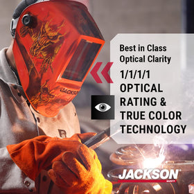 Jackson Safety Premium Graphic Hood side view highlights balanced weight for reduced fatigue.