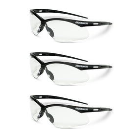 Jackson Safety SG safety glasses with a black frame and anti-scratch lens for durable eye protection.