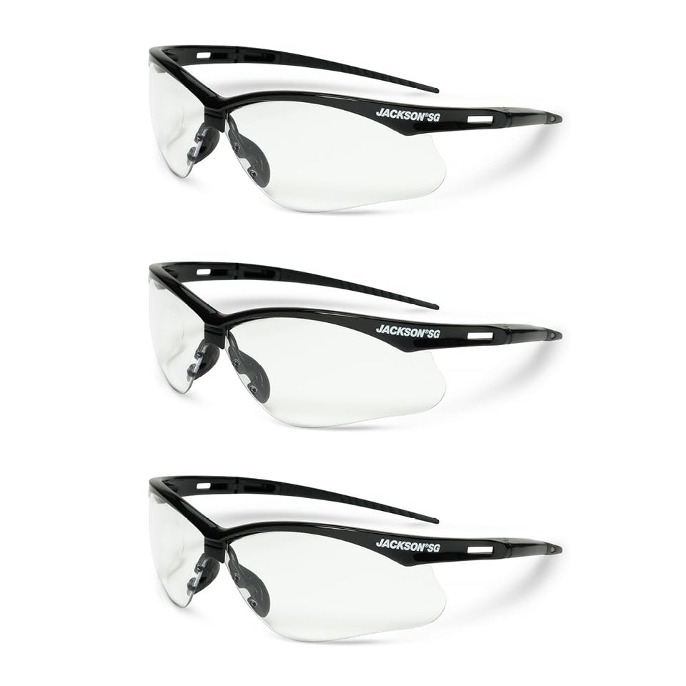 Jackson Safety SG safety glasses with a black frame and anti-scratch lens for durable eye protection.