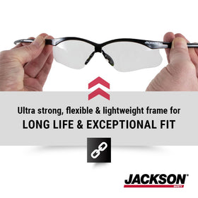 Jackson Safety SG safety glasses with black frame offer lightweight all-day comfort.