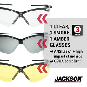 Jackson Safety SG safety glasses include neck cord to prevent loss.