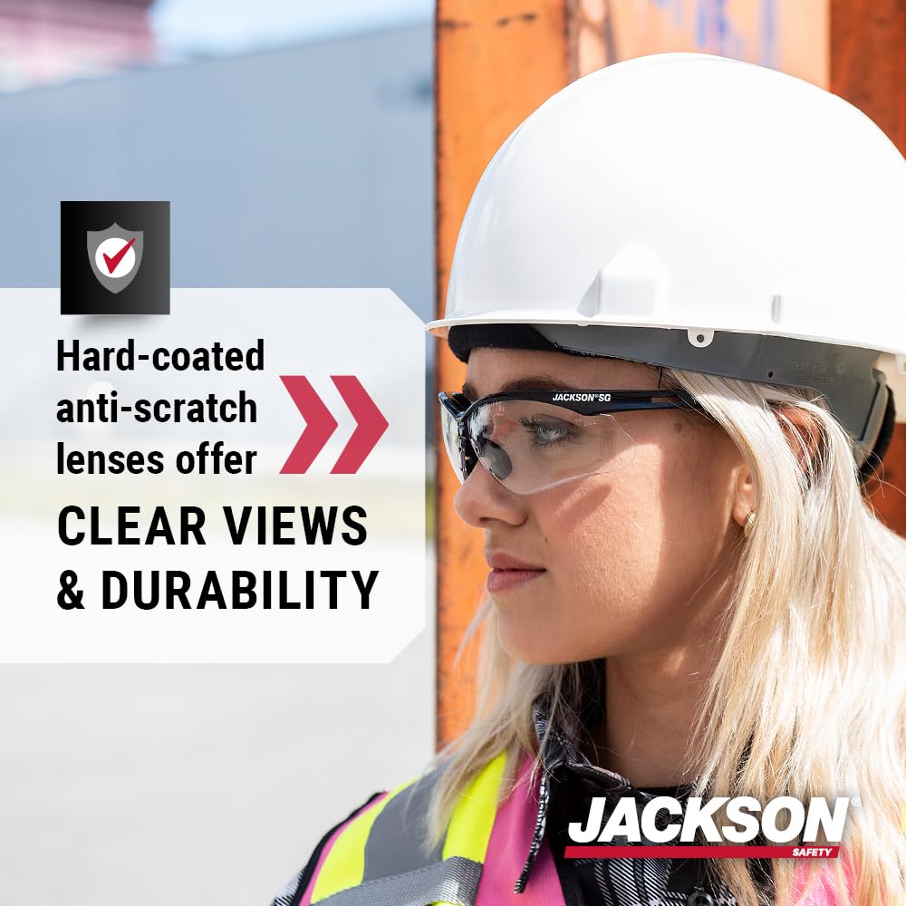 Jackson Safety SG safety glasses feature soft-temple arms for slip-resistant fit.