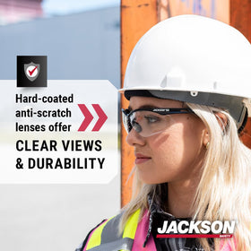 Jackson Safety SG safety glasses feature soft-temple arms for slip-resistant fit.
