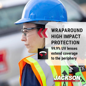 Jackson Safety SG safety glasses wraparound lenses extend eye protection to sides.