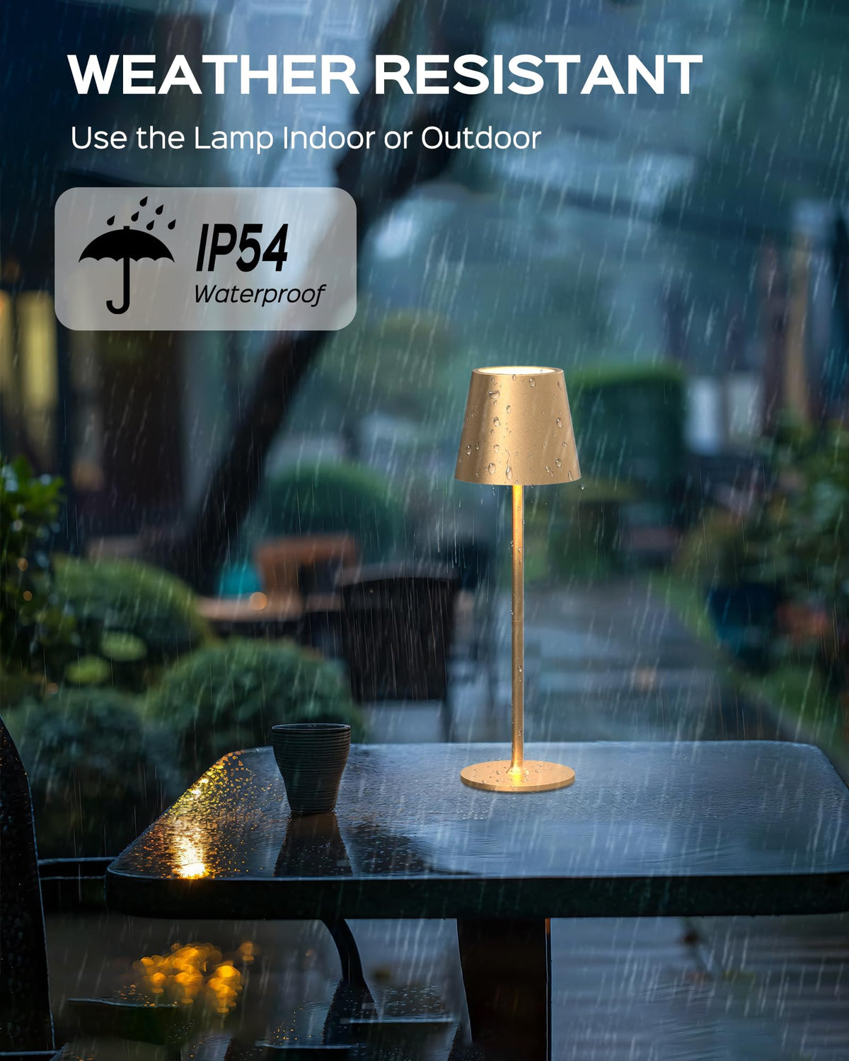 JACKYLED cordless table lamp with durable metal body for indoor or outdoor use