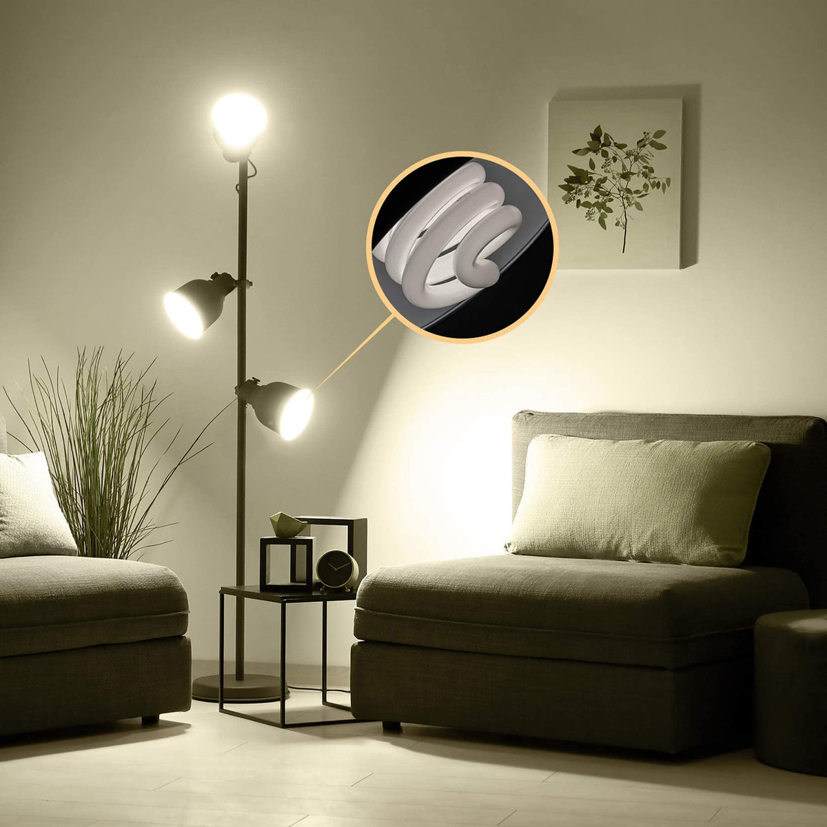 JACKYLED GU24 CFL 13W bulb - ambient lighting in a living room setting.