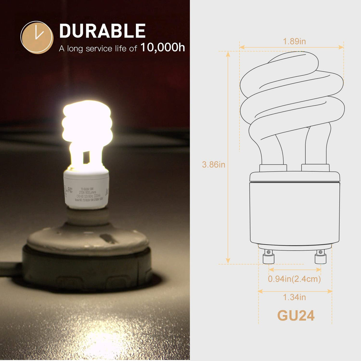JACKYLED GU24 CFL 13W bulb - in-fixture view, steady warm light for kitchens.