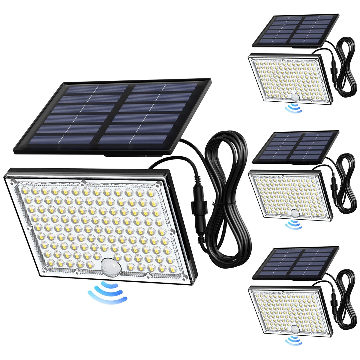 JACKYLED motion sensor flood light setup shows flexible installation options for optimal sun exposure.