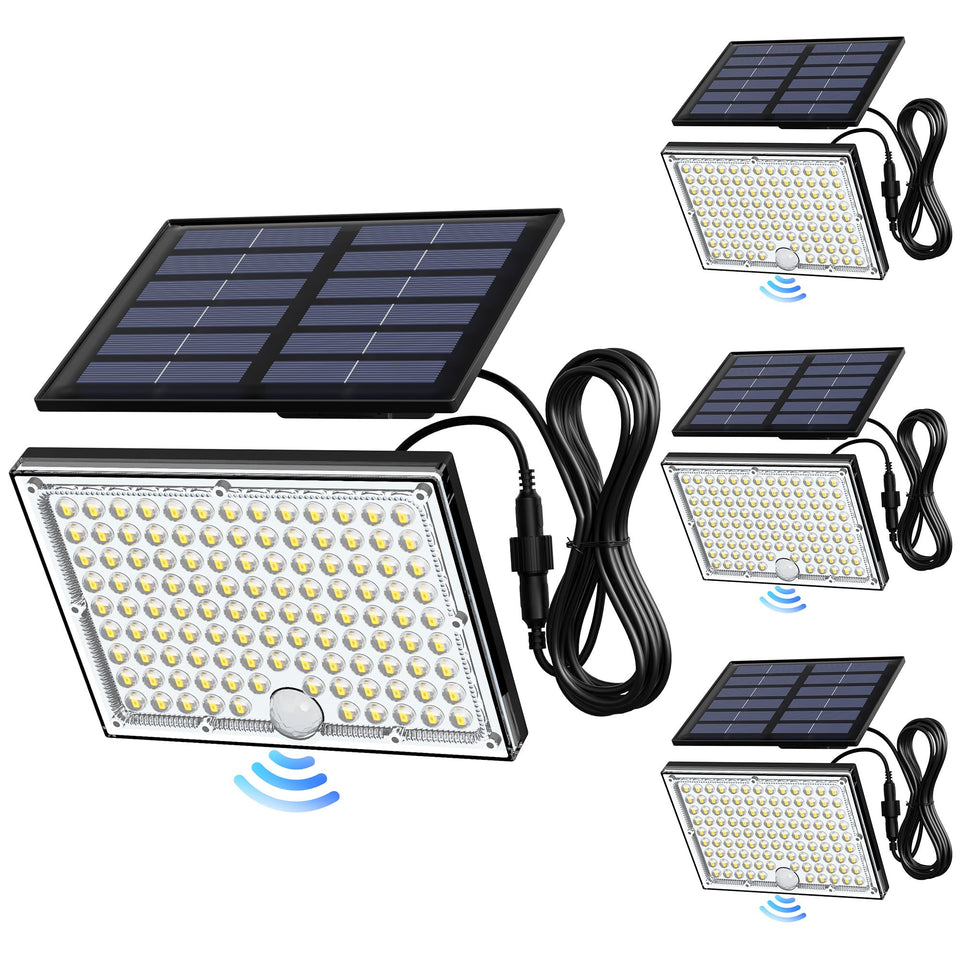 JACKYLED motion sensor flood light setup shows flexible installation options for optimal sun exposure.