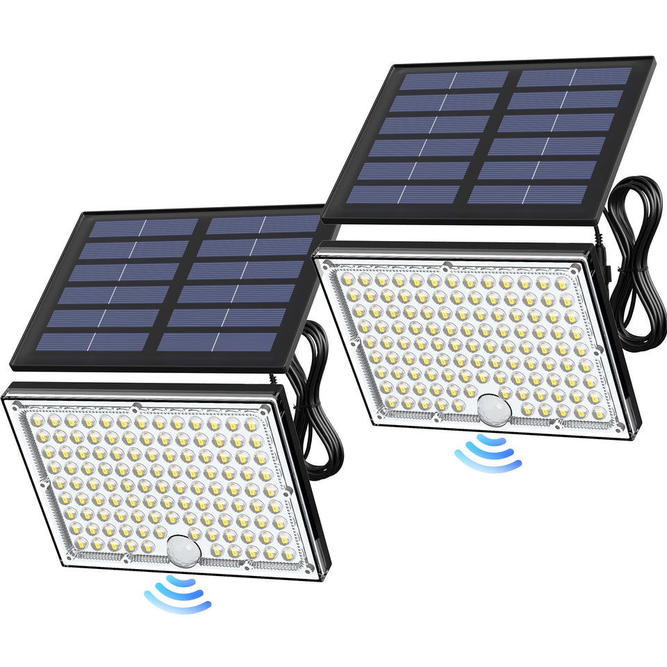 JACKYLED motion solar lights with 113 LEDs for bright outdoor lighting.