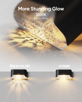 JACKYLED solar deck lights mounted on a deck illuminate steps safely.