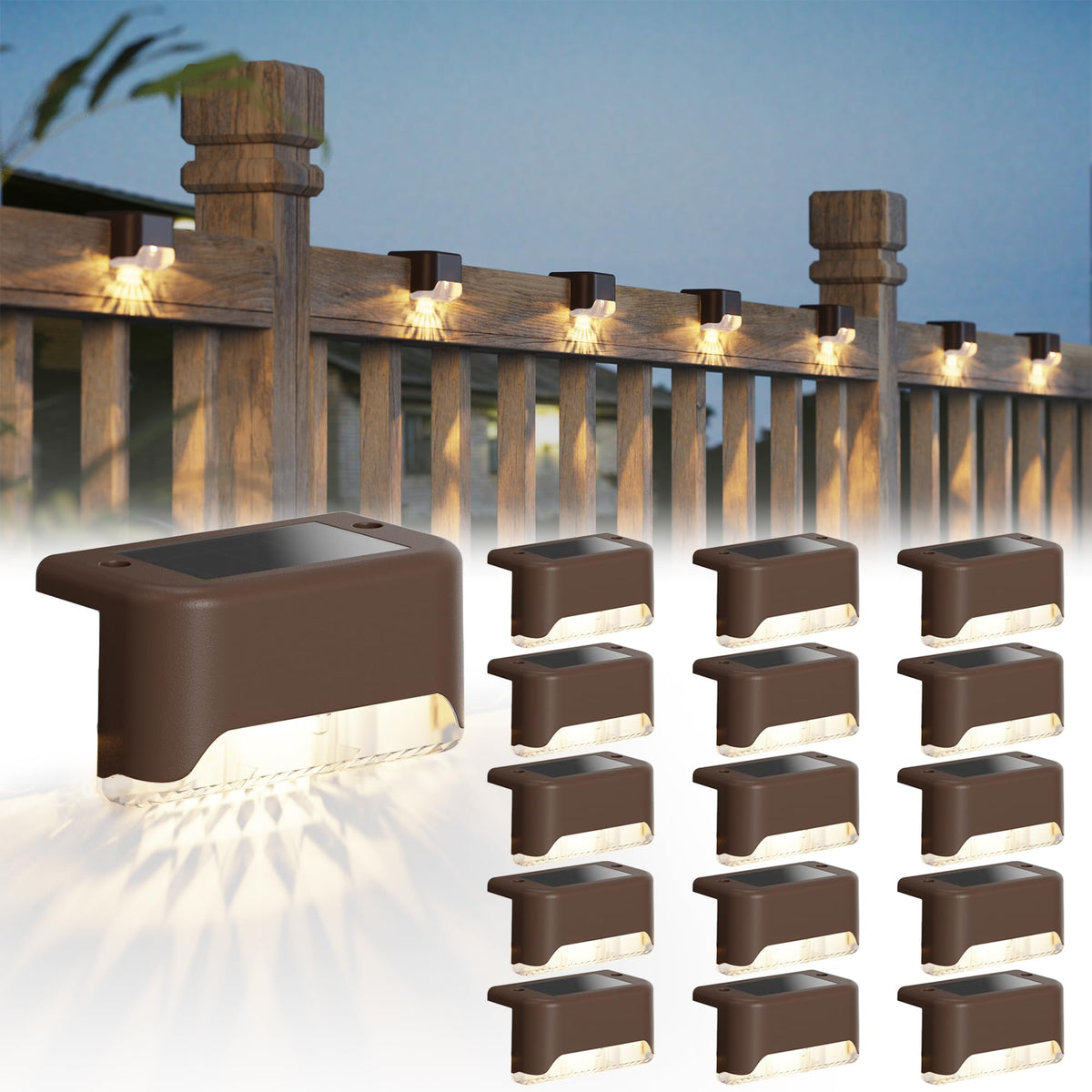 JACKYLED solar fence lights 16-pack illuminate fences and decks safely at night.