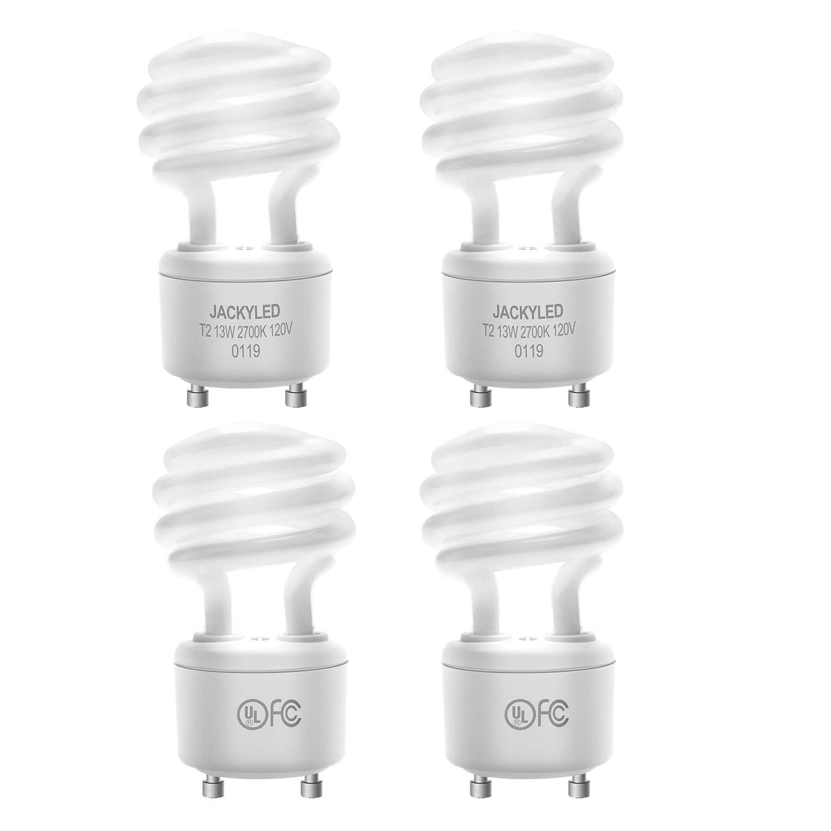 JACKYLED UL-listed 13W GU24 CFL bulb in a four-pack for energy-efficient lighting