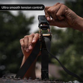 JACO cargo secured on a truck bed using these straps.