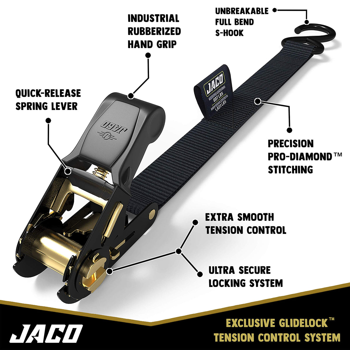 JACO ratchet handle with rubber grip provides comfortable tensioning.