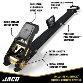 JACO ratchet handle with rubber grip provides comfortable tensioning.