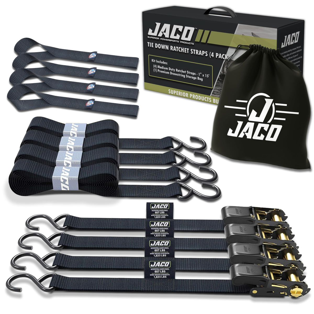 JACO ratchet tie-down strap 1in x 15ft pack of four for securing cargo.