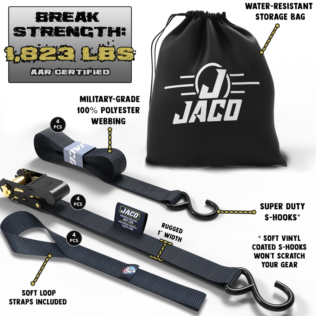 JACO 1in black webbing strap ready for versatile load securing.