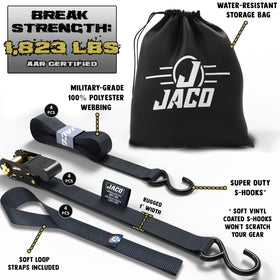 JACO 1in black webbing strap ready for versatile load securing.